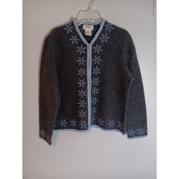 Talbots Zip Up Wool Sweater Grey Sz Small Petite Snowflake Design - Picture 1 of 4